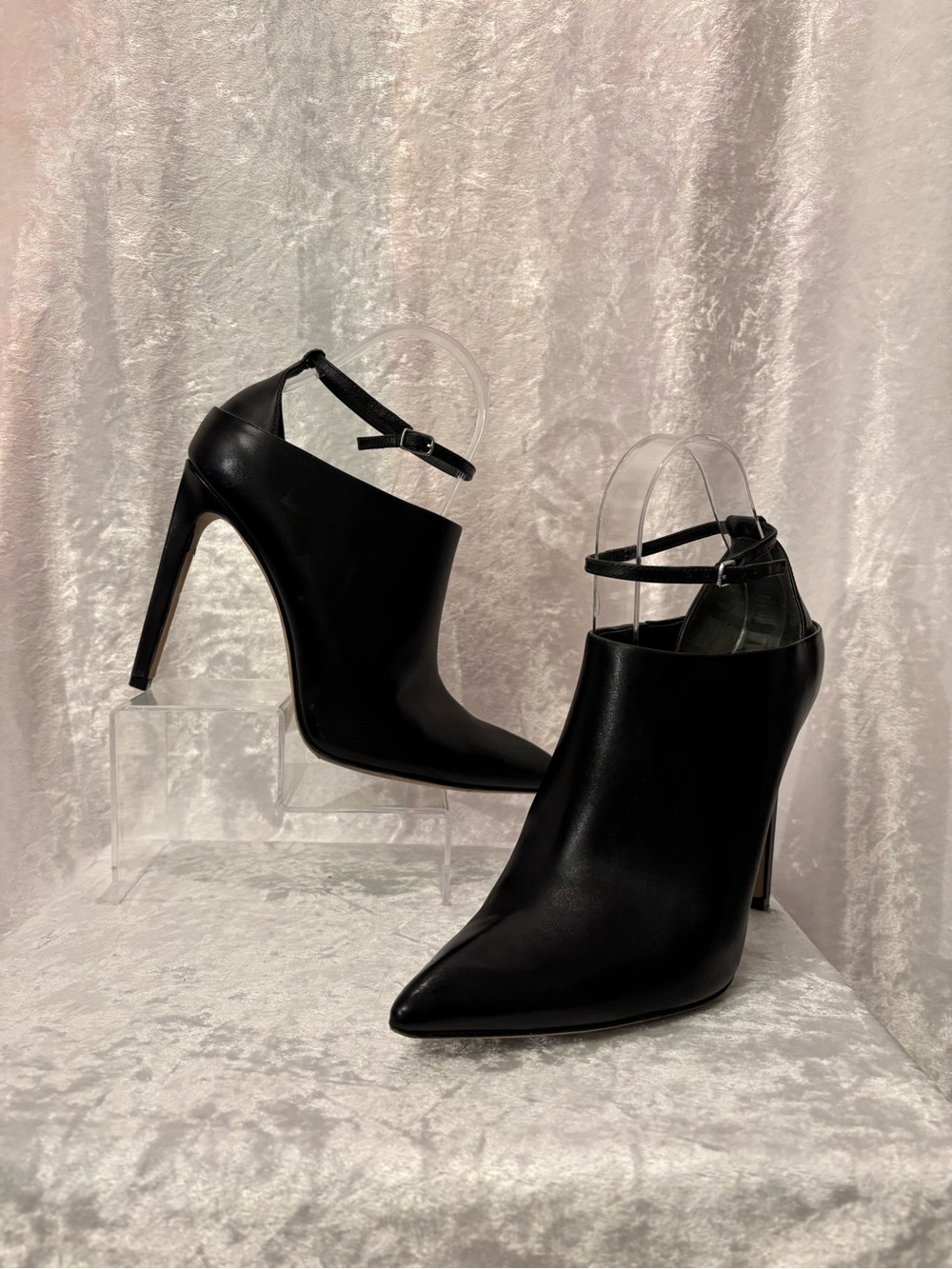Alexander Wang Pointed-Toe Ankle Strap Booties Black Leather Size 38